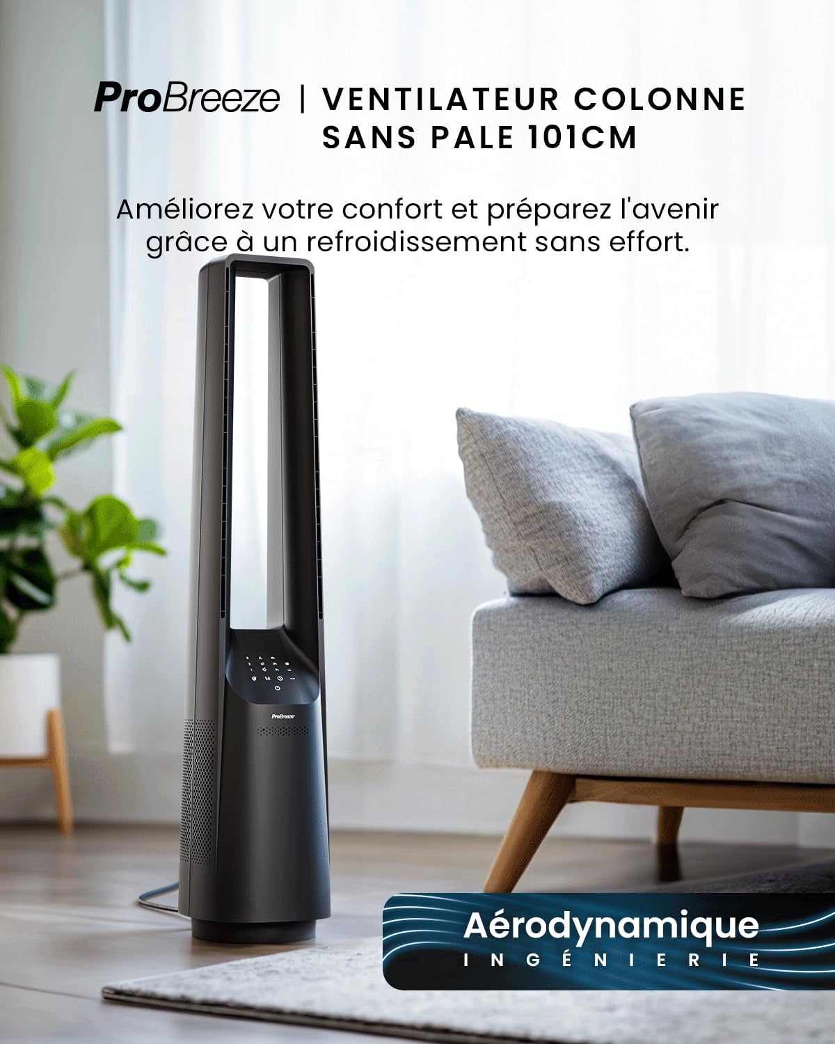 karaca-alisveris - Ventilateur colonne sans pales - 101 cm - WiFi, ultra silencieux, LED, télécommande, 6 vitesses, 5 modes, o