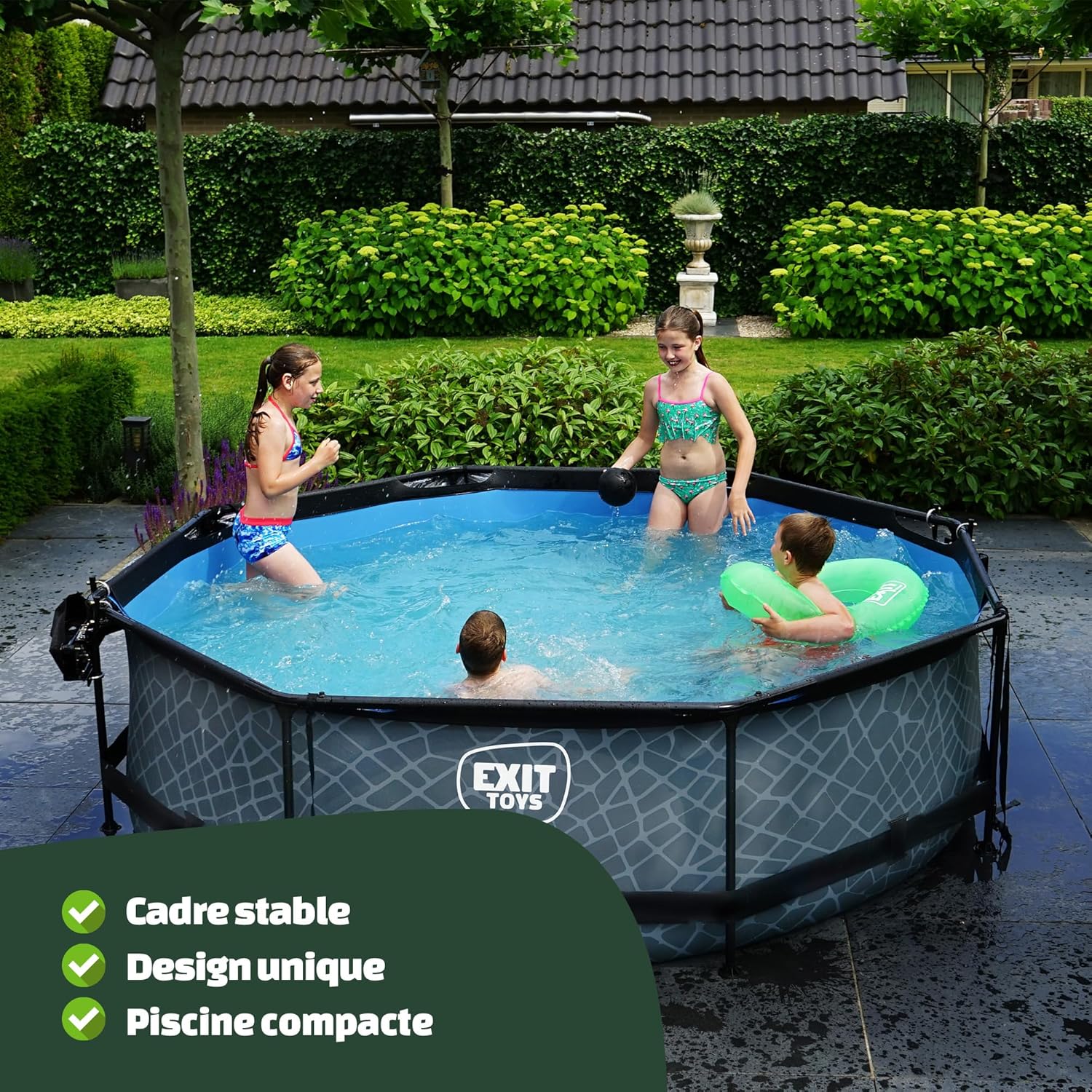 karaca-alisveris Piscine Tubulaire Stone - ø360x76cm - Piscine Hors Sol Ronde Grande avec Pompe Filtrante à Cartouche - Entrée Basse - Idéal pour Les Jeunes Enfants - Cadre Stable - Design Unique - Gris