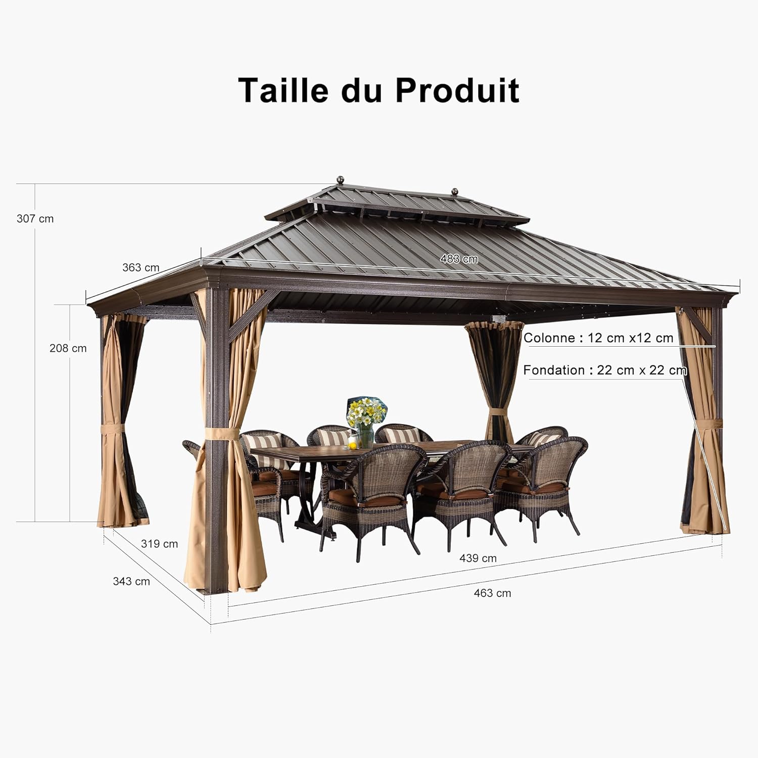 karaca-alisveris - Pergola toit double 4,85x3,65m acier moustiquaire rideaux