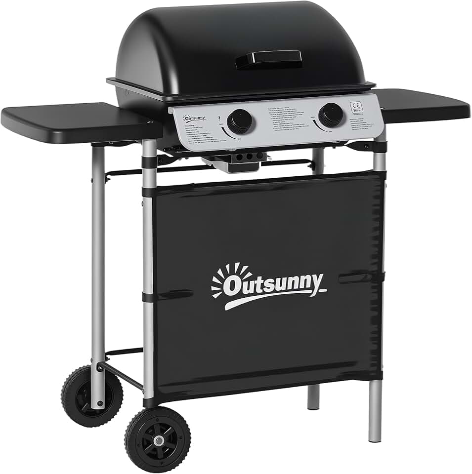 karaca-alisveris - Barbecue gaz 2 brûleurs inox, 2 grilles, 2,8kW, 2 étagères, 2 roues, noir