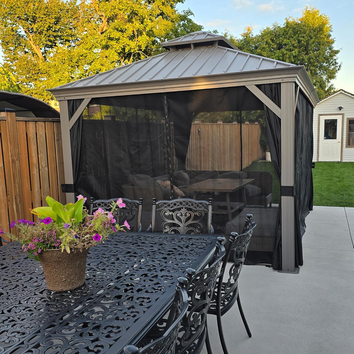 karaca-alisveris - Tonnelle de Jardin 3x4,25m - aluminium double toit, imperméable, moustiquaire, rideaux