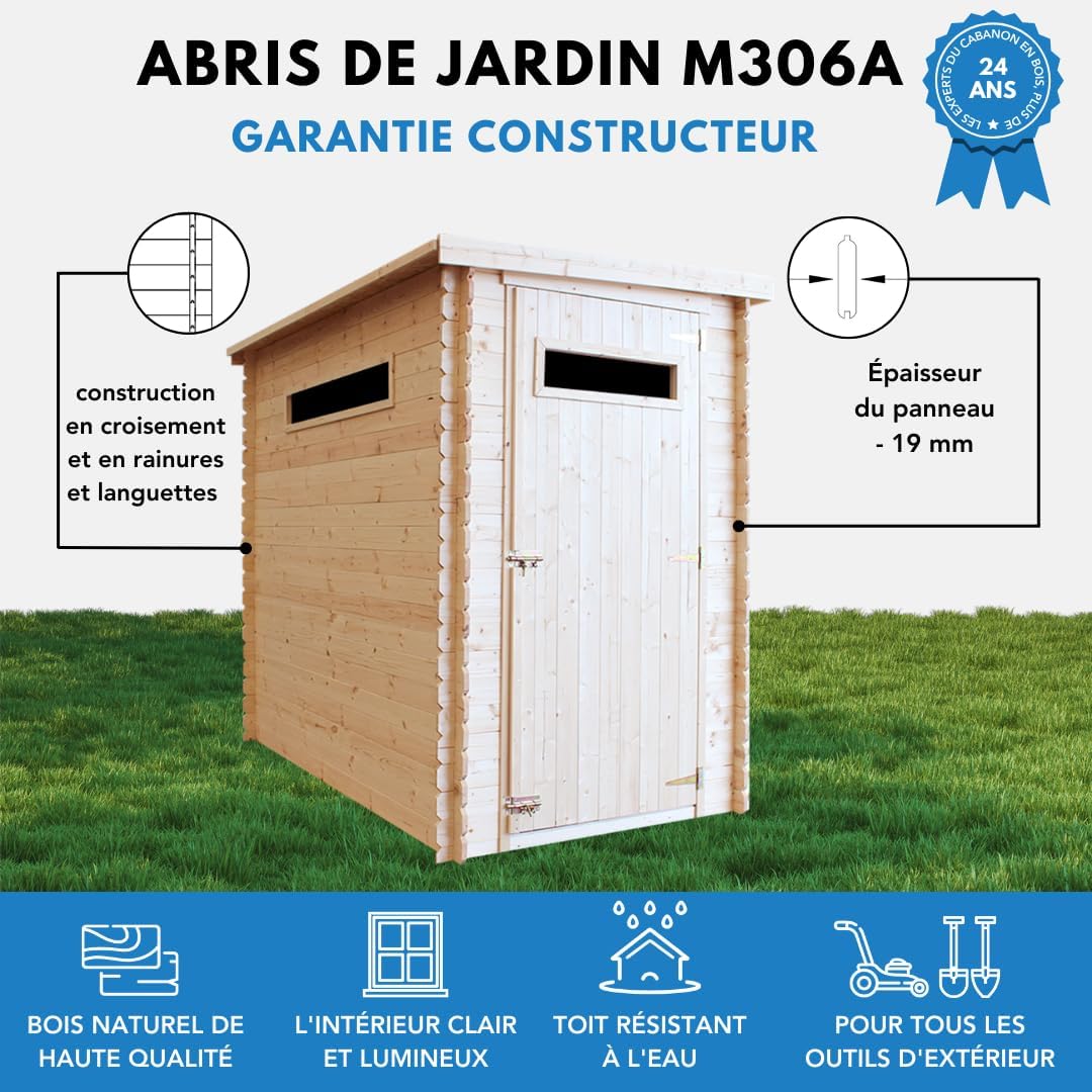 Abri de Jardin en Bois, Petite fenêtre, avec Sol TRAITÉ- Stockage extérieur l239xL144xH198 cm/2.63 m2 - Petit abri à Outils, Local à vélos - Toit imperméable, fenêtres karaca-alisveris M306A+M306G
