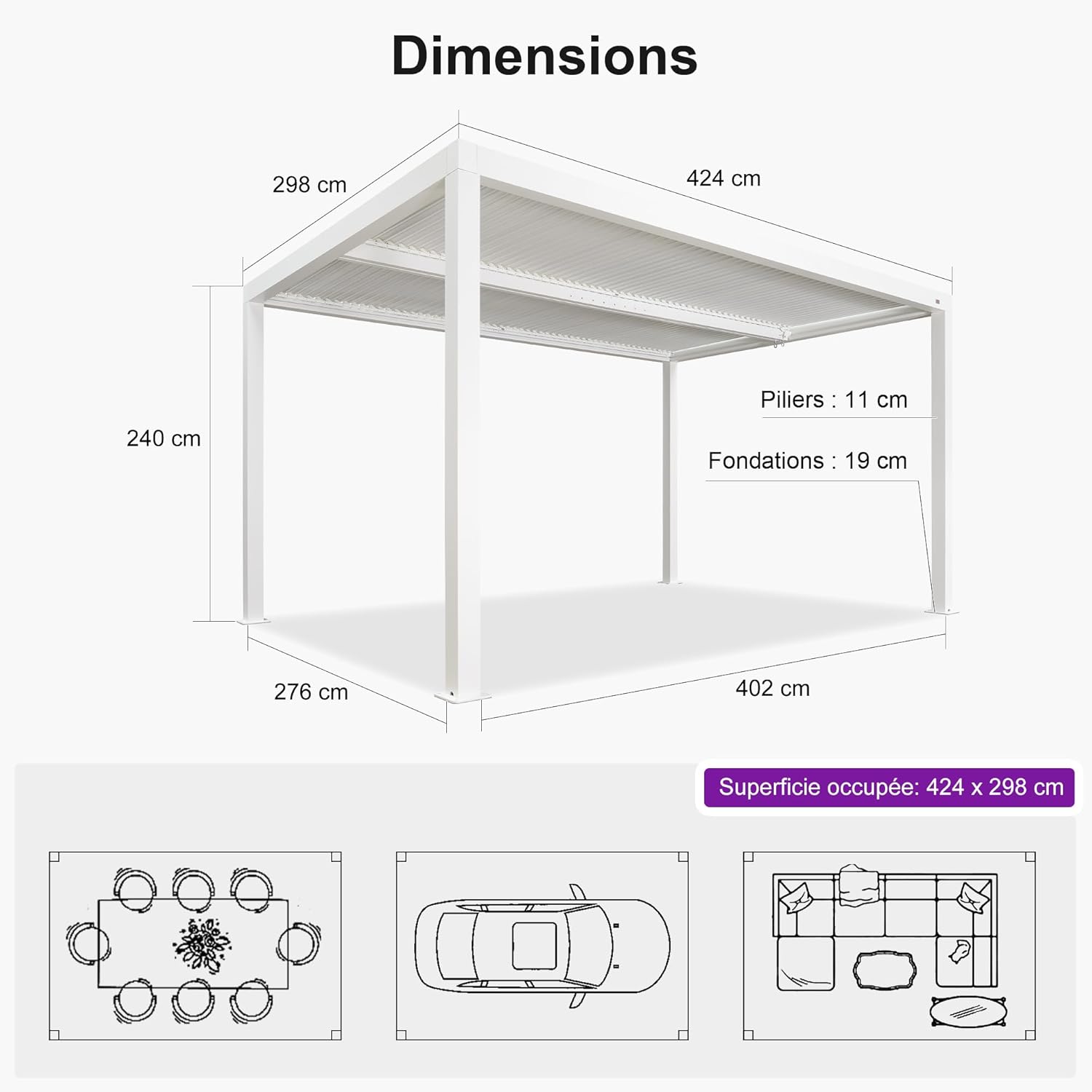 karaca-alisveris - Pergola bioclimatique 4,24x3m - alu, LED, gouttières, blanc