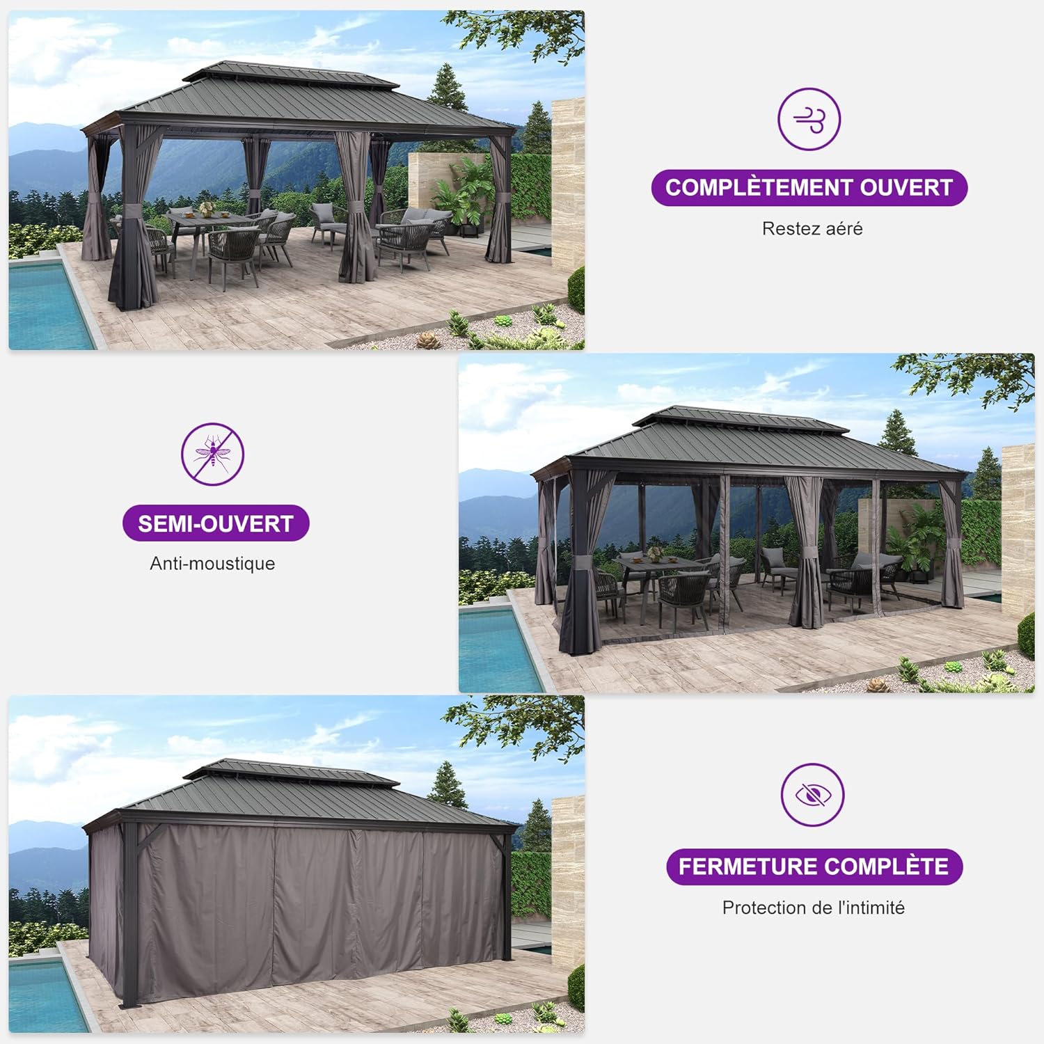 karaca-alisveris - Pergola double toit acier - 6x3,65m - moustiquaire, rideaux, gouttière, poteaux renforcés
