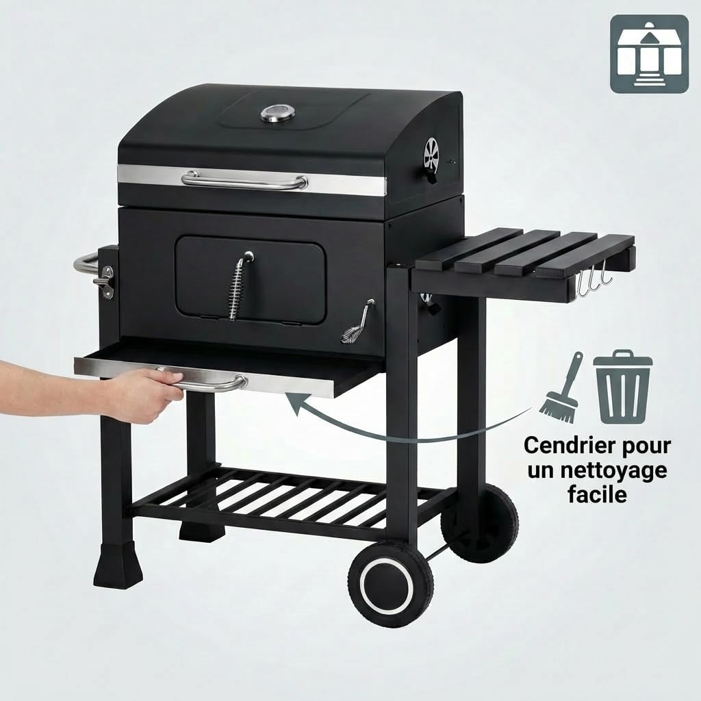 karaca-alisveris - Memphis - acier, grille, tablette pliable, roulettes, thermomètre, bac à cendres
