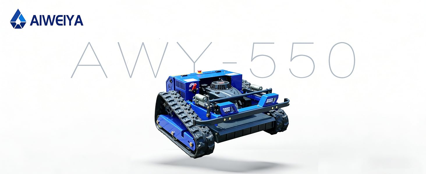 Le texte indique « karaca-alisveris » et « AW-550 ». Véhicule robotique à chenilles bleu avec des marches en forme de char, représenté en perspective 3D sur fond blanc. Image de présentation du produit technique.
