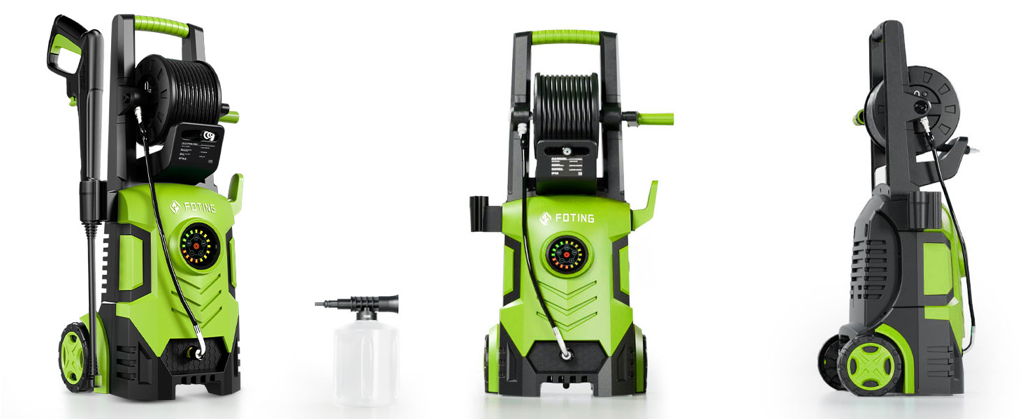 Plusieurs vues d'un nettoyeur haute pression électrique vert fluo présentées sous différents angles, présentant un design compact et des accessoires.