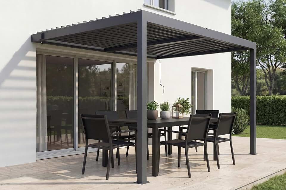 karaca-alisveris - Piana 3x2m - pergola adossée aluminium, gris, 1 persienne