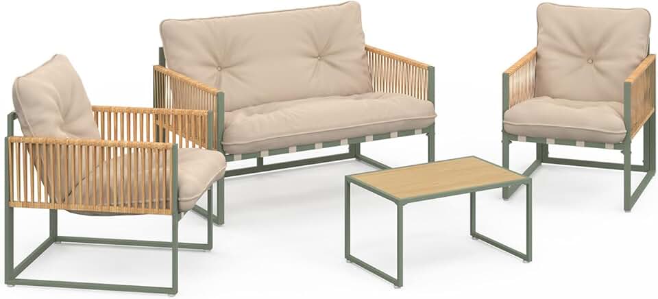 karaca-alisveris - Rio - salon bas 4 places métal vert, cordage rotin, coussins beige