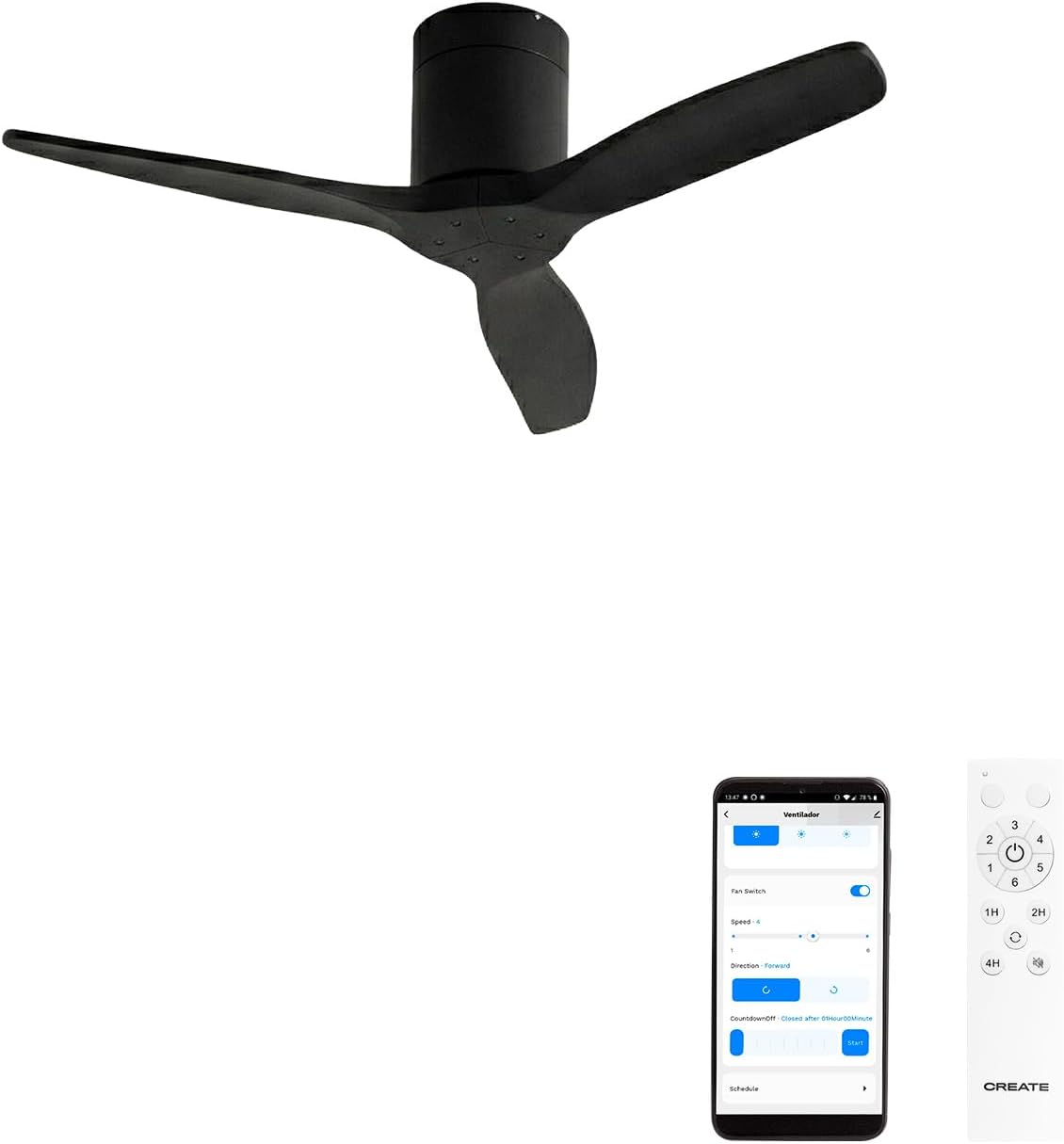CREATE WINDCALM S Ventilateur de plafond ABS noir avec Wi-Fi et télécommande, 40 W, silencieux, Ø112 cm, 6 vitesses, minuteur, fonction été/hiver