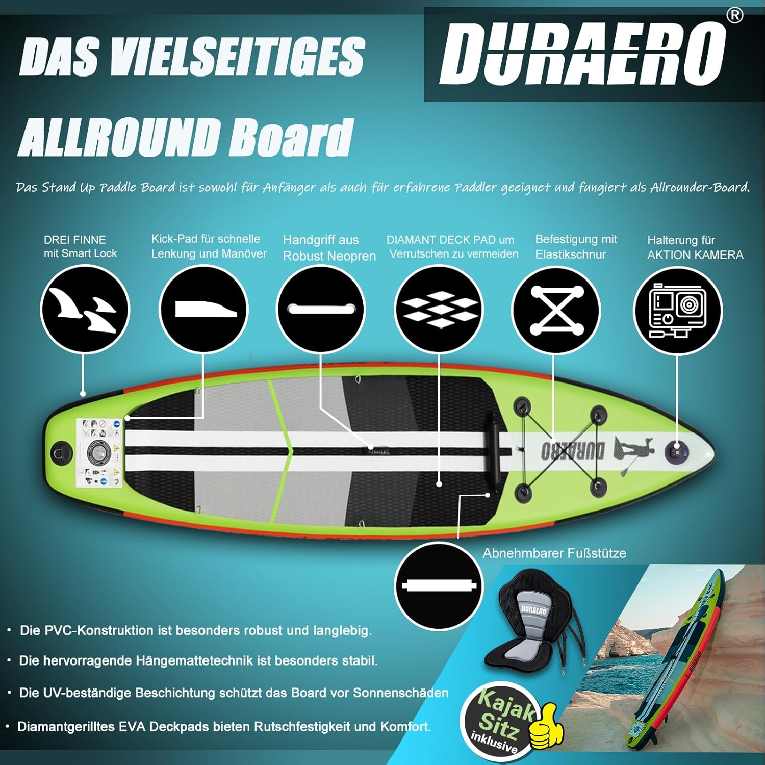 Planche de paddling SUP - siège kayak, 330x76x15cm, 150kg, coussinet, 3 ailerons, double pagaie, accessoires, SUP33015