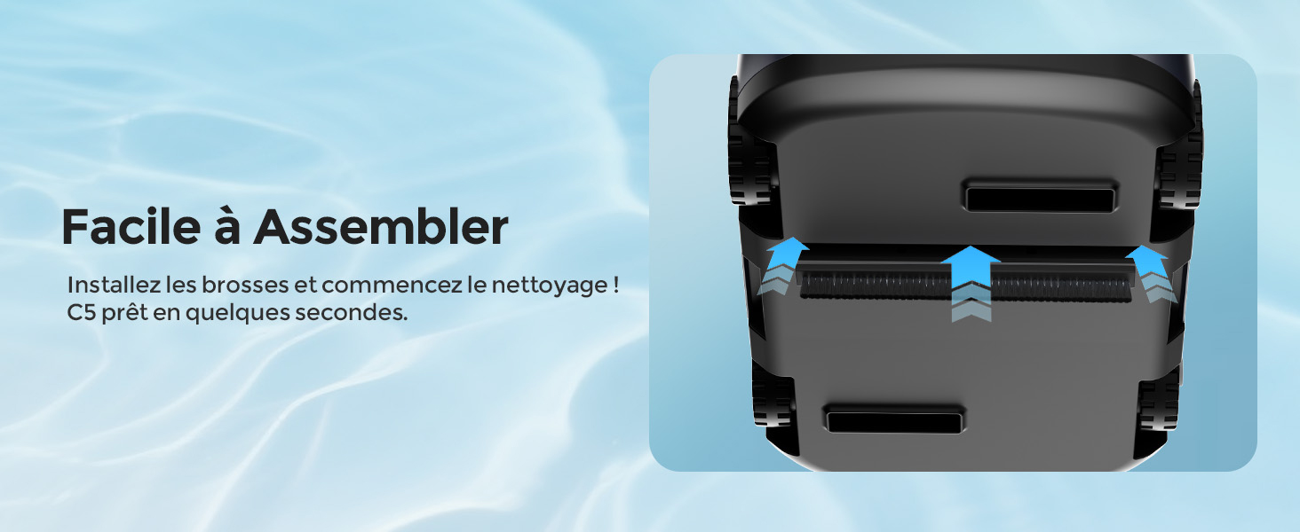 Le texte indique « Facile à assembler ». Le produit semble être un contenant de rangement ou d'organisation noir dont les instructions de montage sont affichées sur fond bleu clair.