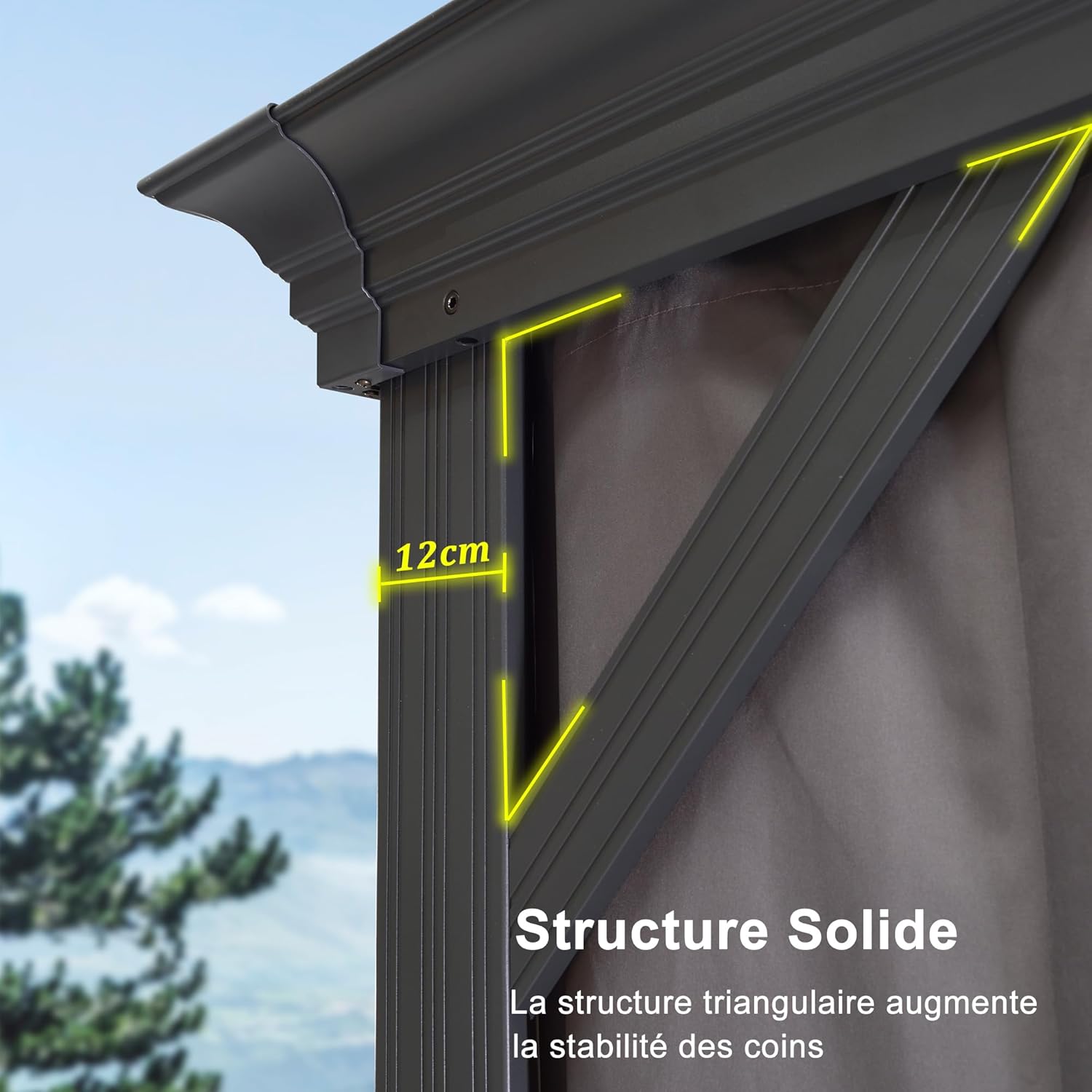 karaca-alisveris - tonnelle aluminium - 4,25x3 m - éclairage, rideaux, gouttière, poteaux renforcés