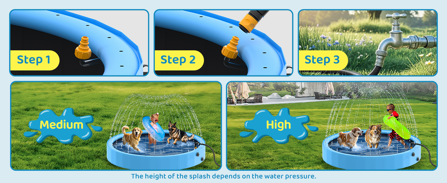 Le texte se lit comme suit : « Étape 1 », « Étape 2 », « Étape 3 », « Moyenne », « Élevée ». Instructions illustrant la configuration de la piscine gonflable bleue et les options de taille de gonflage pour une utilisation en extérieur.