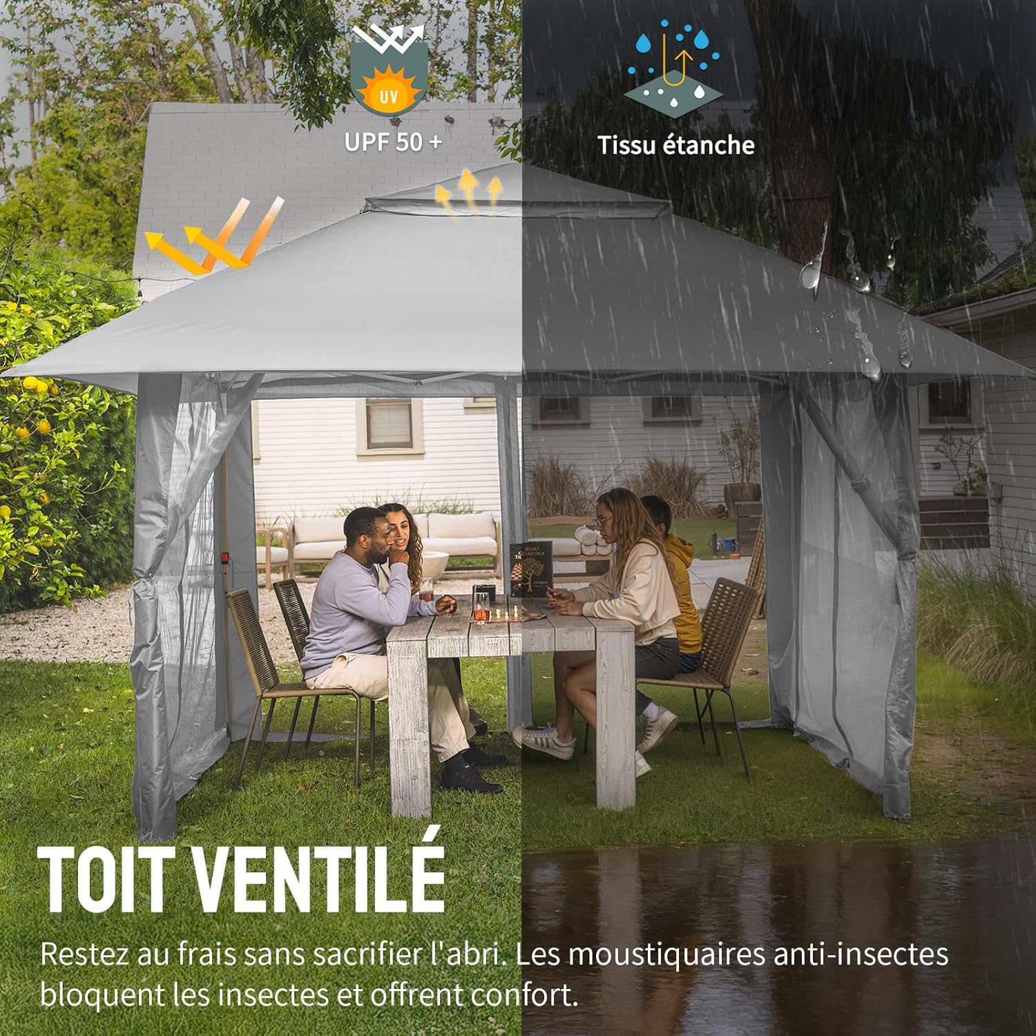 karaca-alisveris - tonnelle jardin pop up - 4x4 m - double toit, côtés maille, hauteur réglable