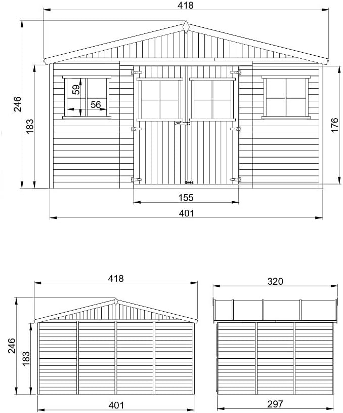 Abri de Jardin en Bois Exterieur avec Plancher IMPRÉGNÉ- Chalet en Pin/épicéa-H246x418x320 cm/12 m²- Construction de Panneaux - Rangement pour vélos, Remise à Outils- karaca-alisveris M331+M331G