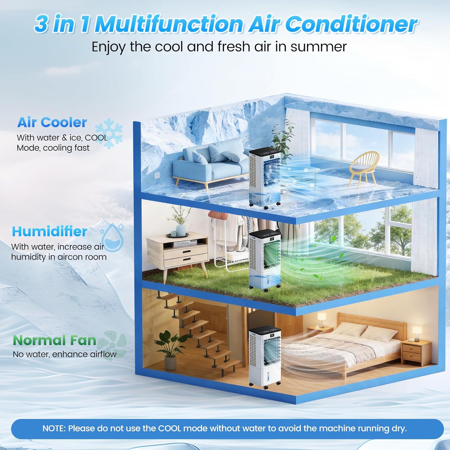 Climatiseur mobile - silencieux, 12h minuterie, 3 vitesses, télécommande, blanc