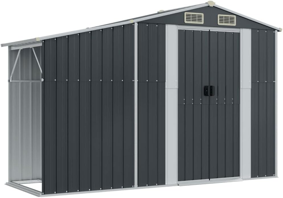 Abri de jardin - acier galvanisé 277x192,5x179 cm, rangement bois et aération, toit incliné