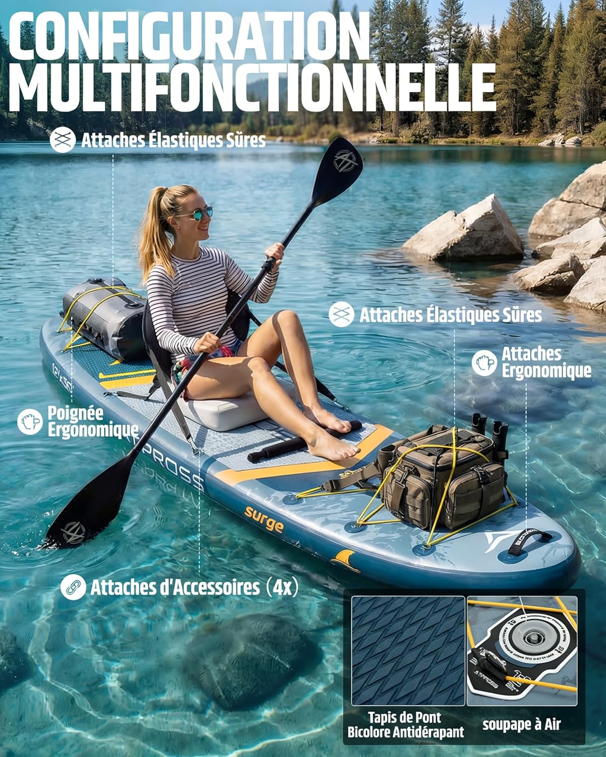 Planche de Paddle Gonflable Adulte avec Siège Kayak & Accessoires, 366x92cm Sup Extra Large & Stable, Charge 240kg, Kayak Gonflable 2 Places pour Yoga, Pêche et Surf