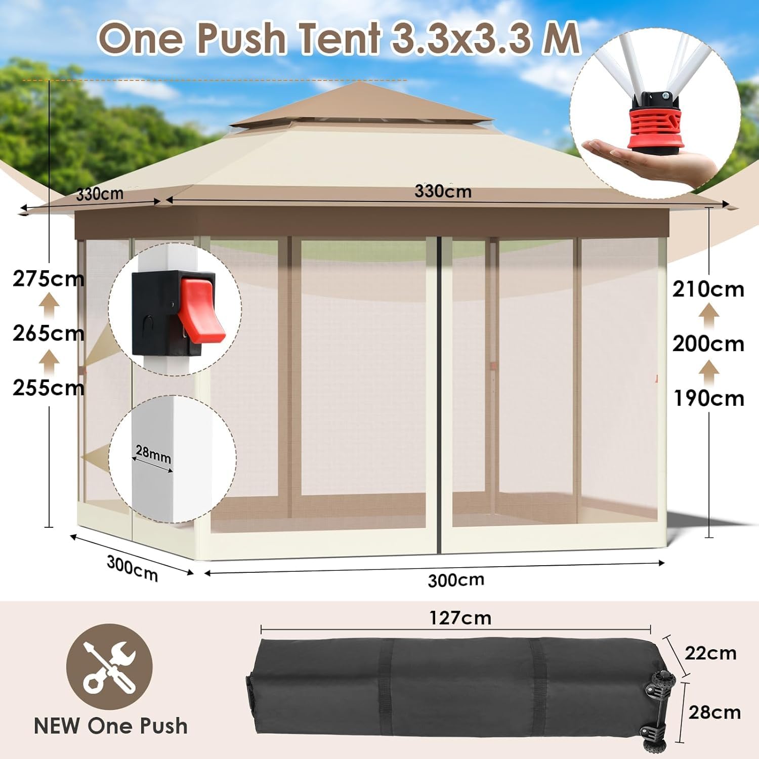 Tonnelle pliante - 3,3x3,3m - imperméable, double toit, moustiquaires