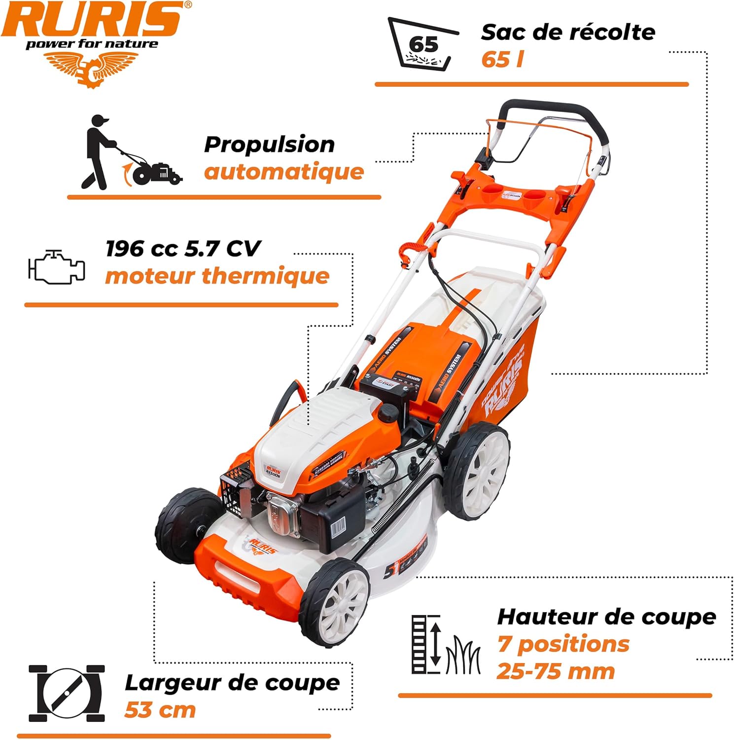 karaca-alisveris Tondeuse à Gazon Thermique 5 en 1 Mulching 5,7 CV 196cc RX500S, Orange