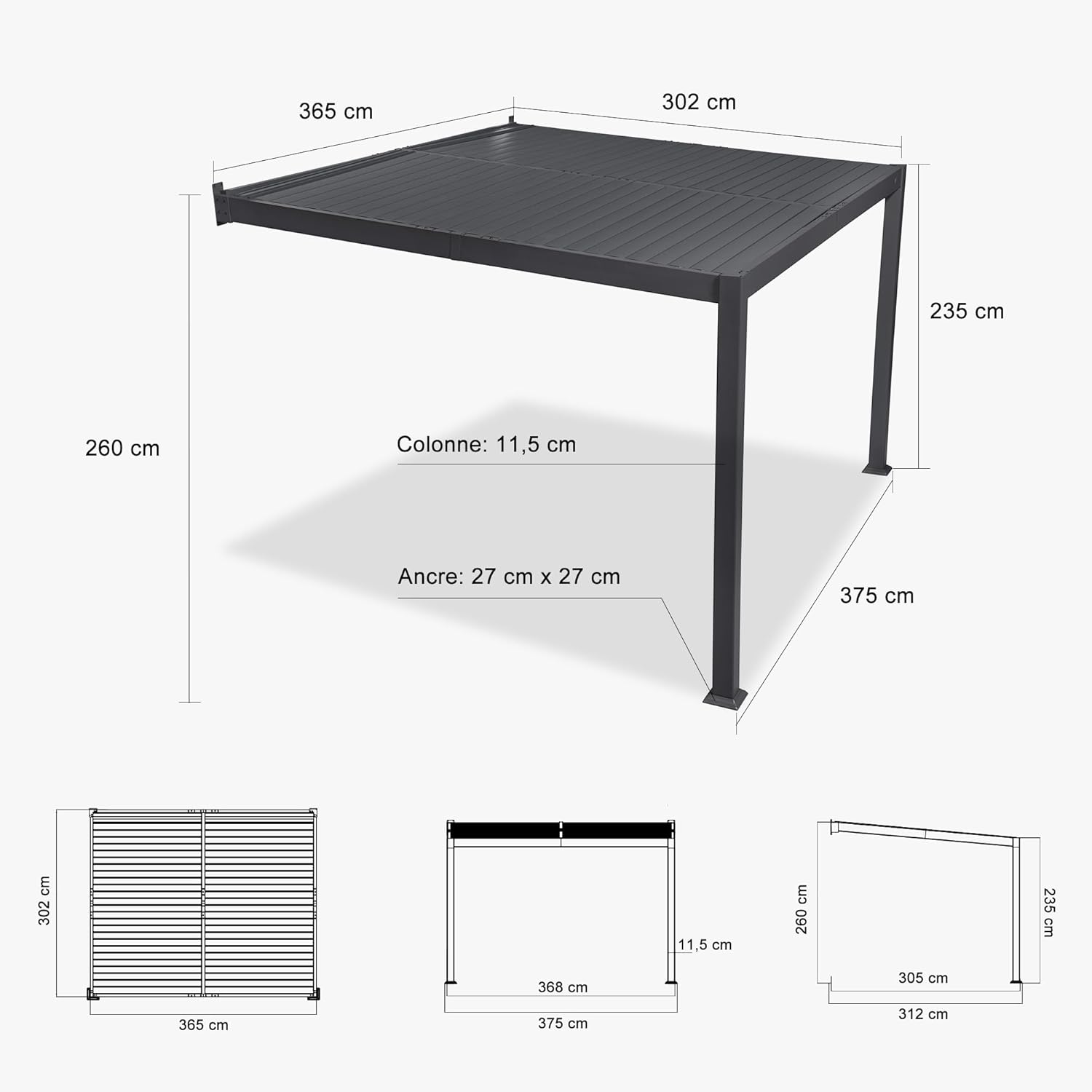 karaca-alisveris - Pergola adossée 3x3.65m aluminium lames orientables durable