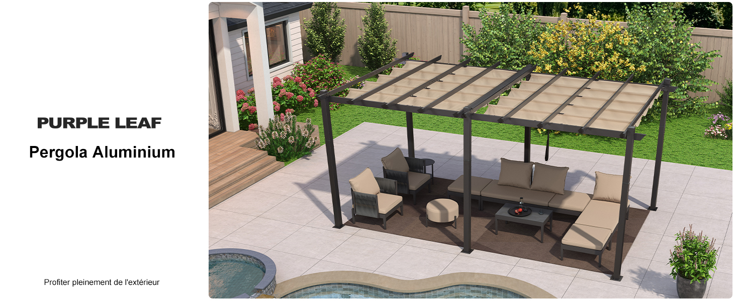 Pergola extérieure en aluminium au-dessus d'un coin salon de patio. Design moderne avec toit à persiennes réglables, fournissant de l'ombre aux meubles près d'une piscine