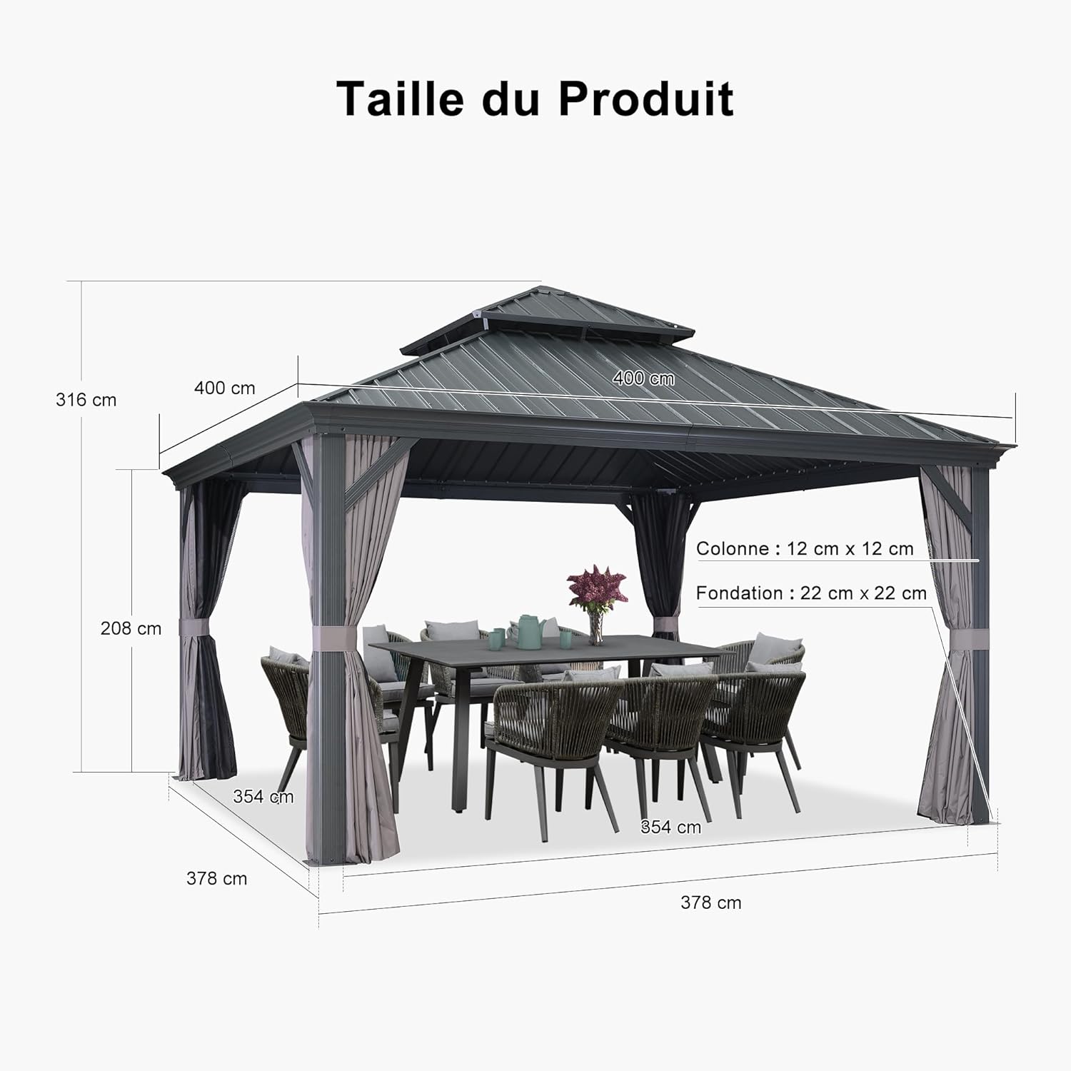 karaca-alisveris - tonnelle double toit acier 4x4m, rideaux, moustiquaire