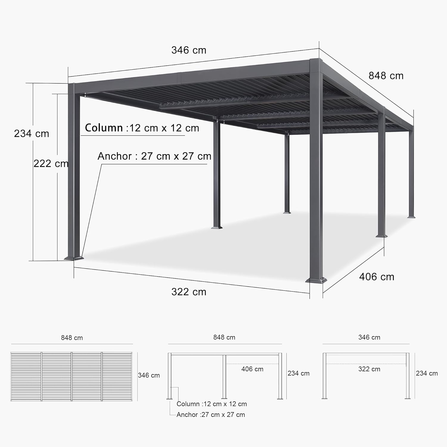 karaca-alisveris - Pergola bioclimatique série - 3,5x8,5m - aluminium, lames orientables, jardin, terrasse, gris