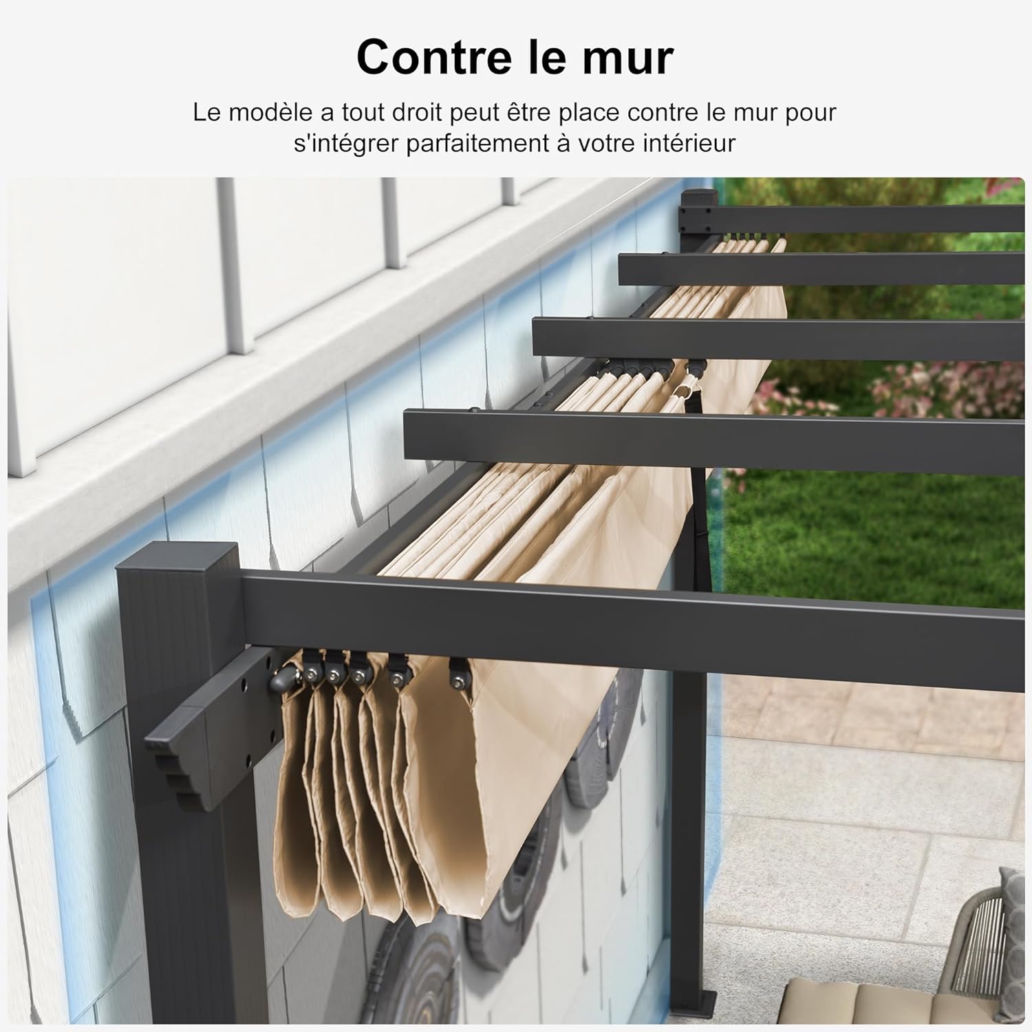 karaca-alisveris - Pergola murale - 4 x 2,7 m - toit coulissant alu, tissu kaki