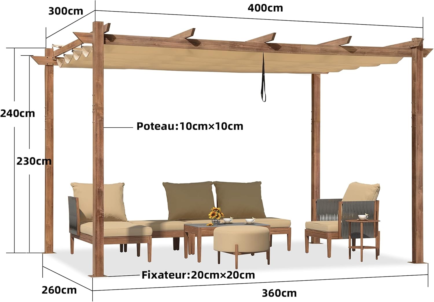 karaca-alisveris - Pergola aluminium 4x3m, toit rétractable, éclairage intégré, finition teck, kaki
