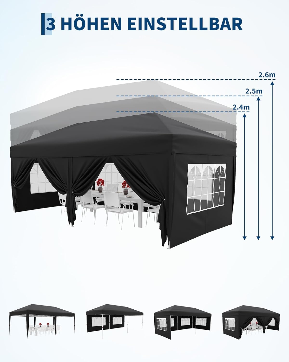 Gravee - tonnelle pliante série avec parois, 3x6m, imperméable, anti-UV