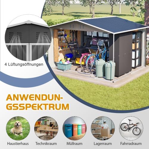 Abri de jardin en métal 300 x 252 x 191 cm Anthracite XXL avec toit à pignon, résistant aux intempéries et à la rouille, garage à vélo, armoire de jardin et stockage de poubelles