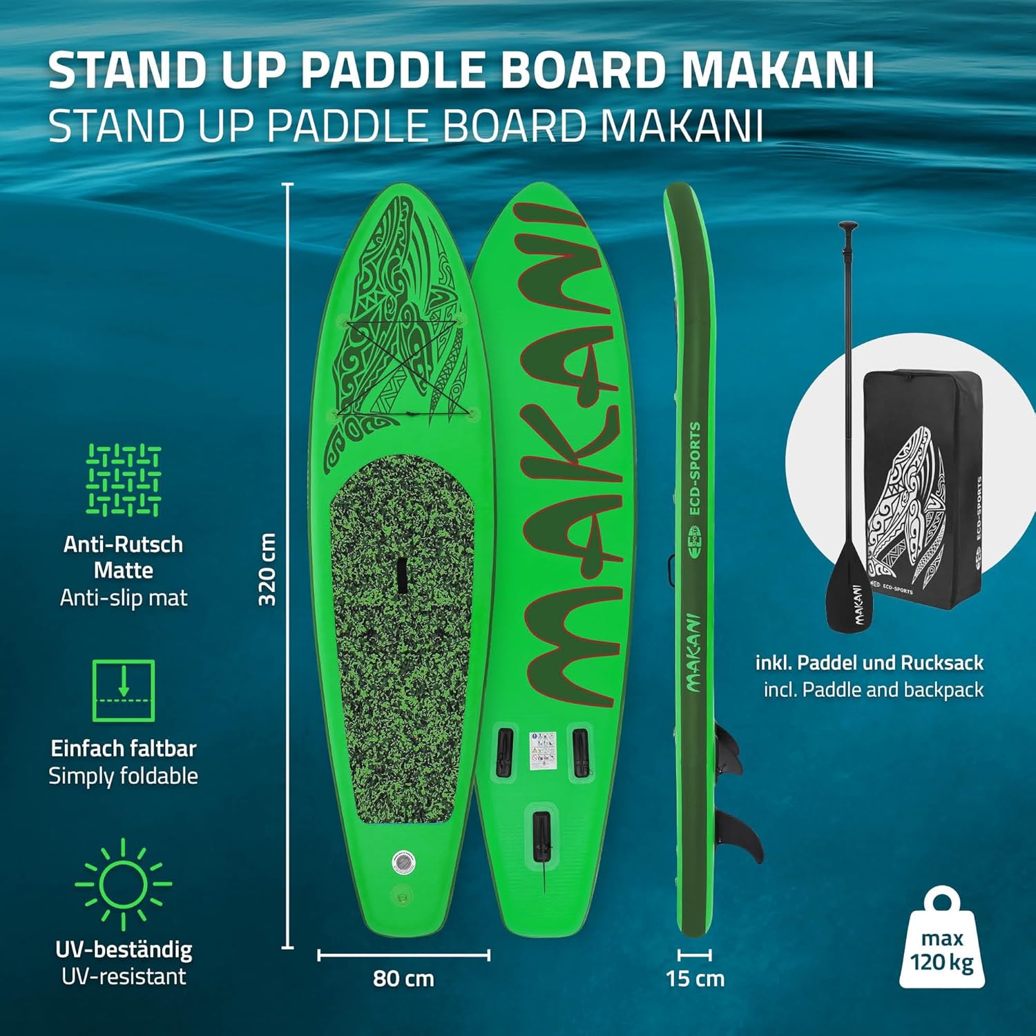 karaca-alisveris - planche stand up paddle - 305/308/320/380 cm - PVC, jusqu'à 150 kg, 10/15 cm d'épaisseur
