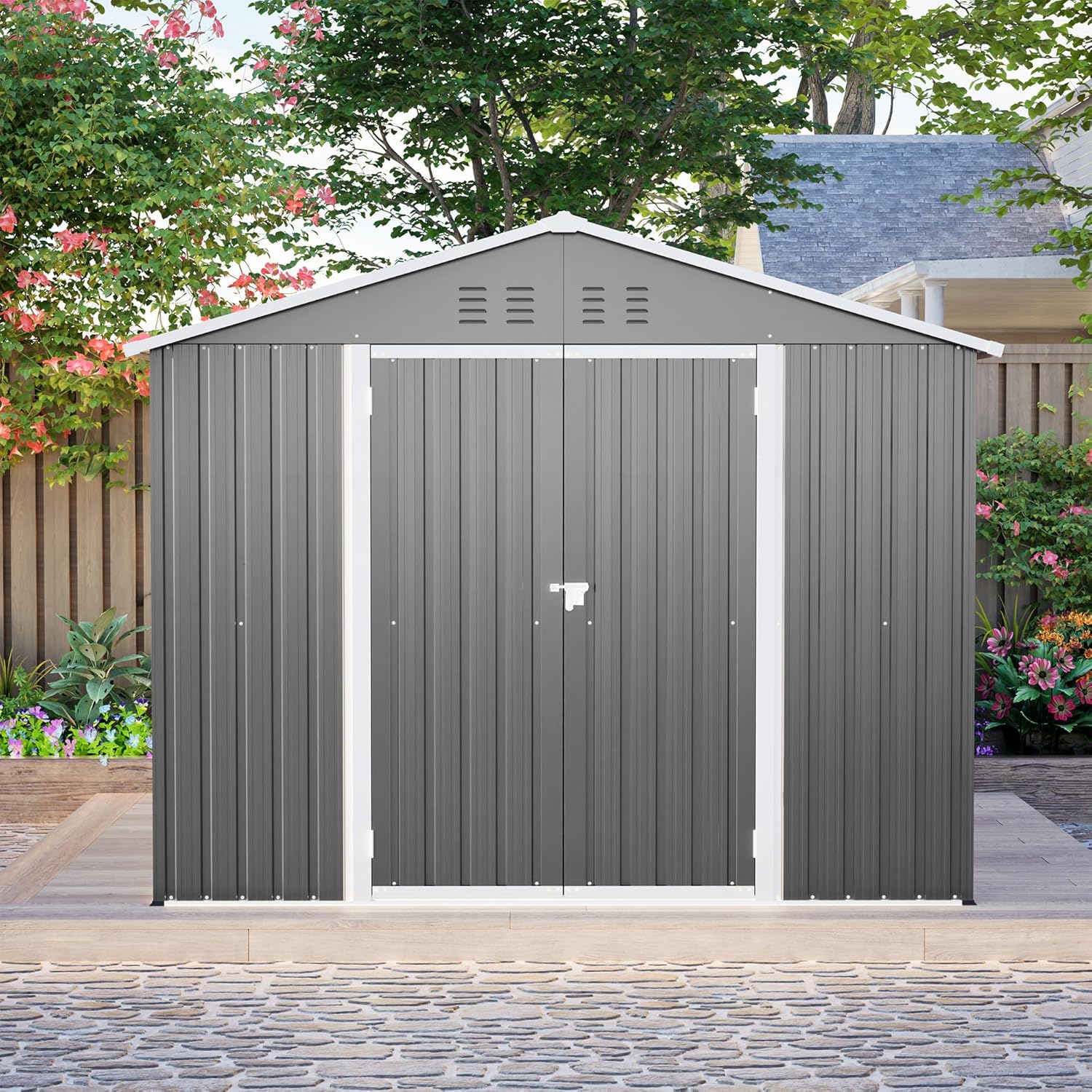 Abri de jardin métal – robuste, 2,4 x 1,8 m, porte rabattable, résistant intempéries, terrasse