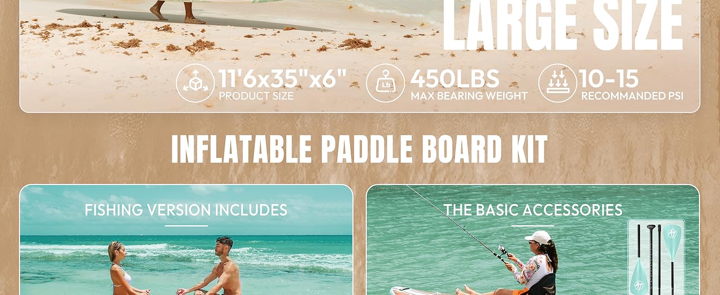 sur le kit de planche à pagaie gonflable montrant les spécifications du produit : 11 pieds 6 pouces x 33 pouces x 6 pouces, capacité de poids de 450 livres, pour les enfants de 10 à 15 ans. Comprend des images de personnes utilisant la planche sur l'eau.