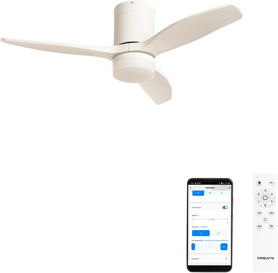 CREATE / WINDCALM S/Ventilateur de plafond ABS avec lumière blanc avec Wifi et télécommande / 40W, Silencieux, Ø112 cm, 6 vitesses, 3 températures de lumière, minuterie, fonction été-hiver