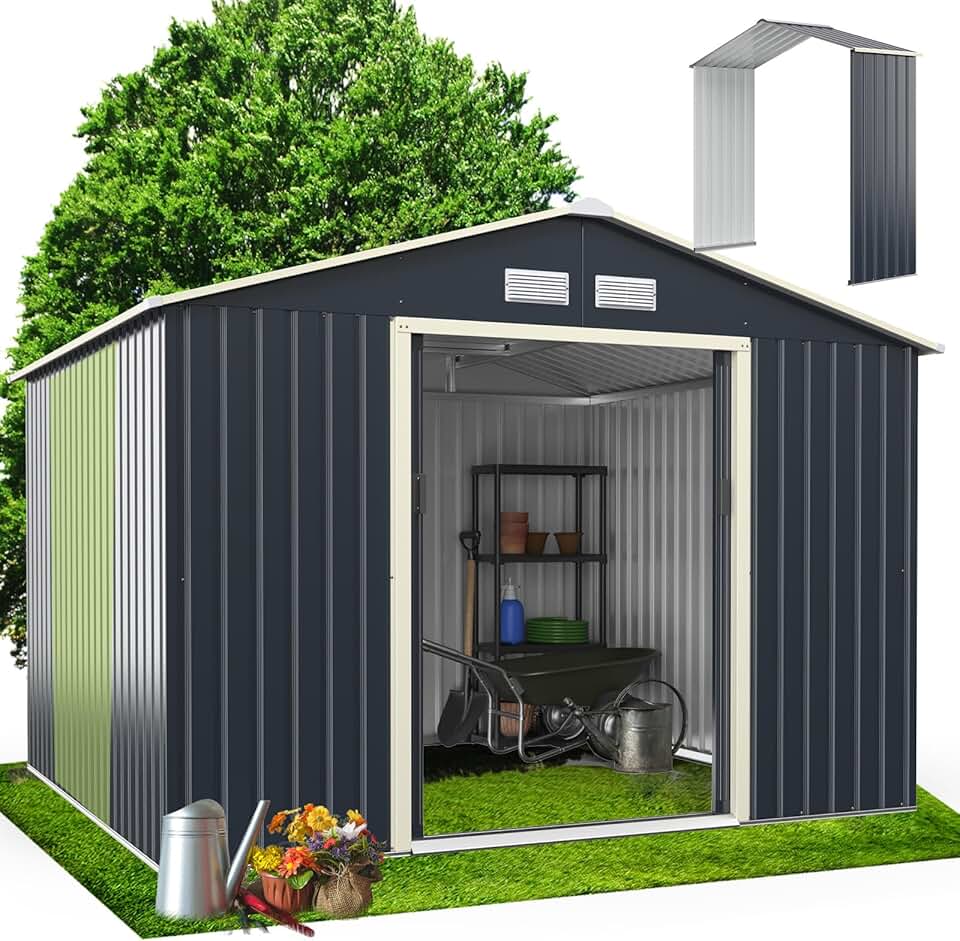 karaca-alisveris Abri de Jardin Métal 7m2 avec Abri d'Extension Porte Coulissante, Cabane de Jardin Extérieur 267x256x202cm Outils de Jardin résistant aux intempéries, KX7177KV+FR