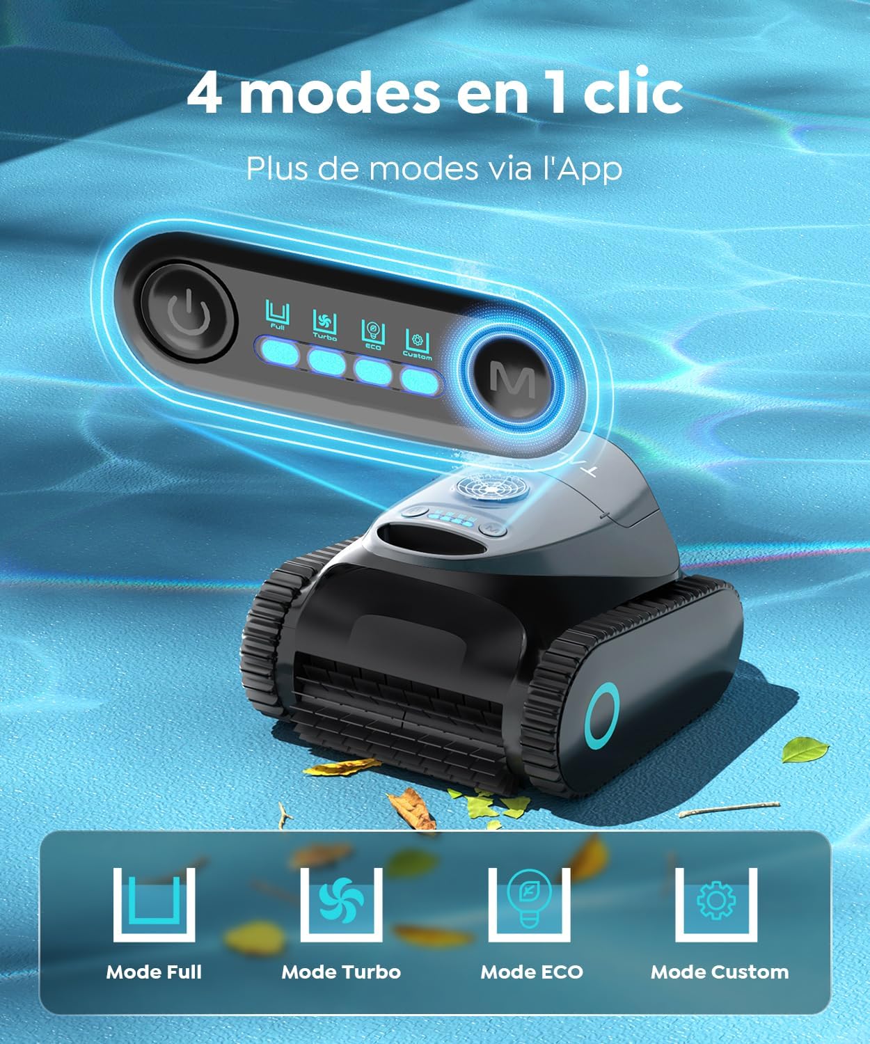 C1 - Robot piscine sans fil, fond et parois, 150m², 3 moteurs, applis, 170min - C1
