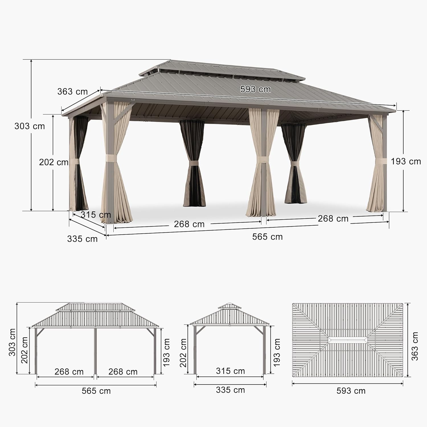 karaca-alisveris - Pergola série Champagne - 6 x 3,65 m - aluminium, toit acier, moustiquaire et rideaux