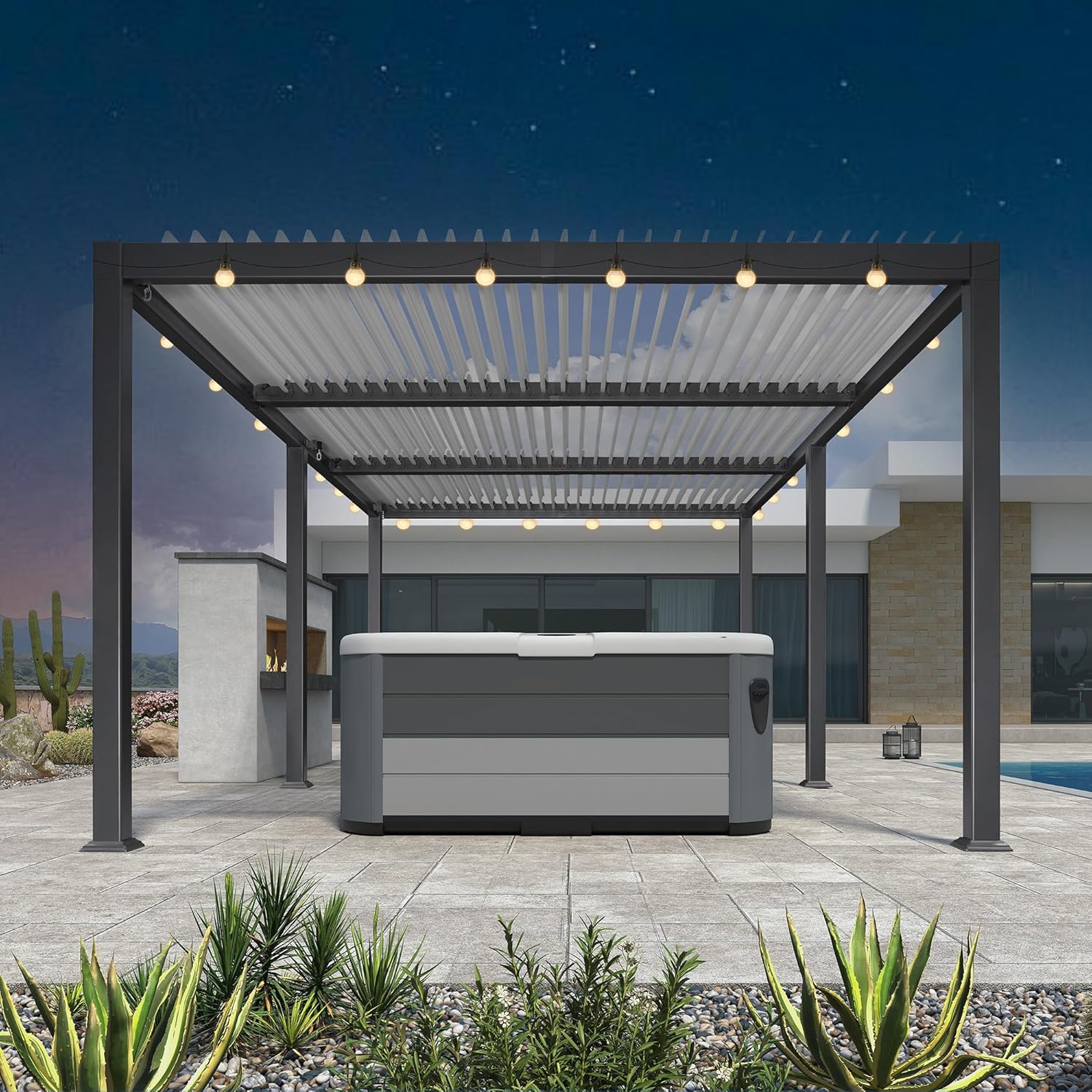 karaca-alisveris - Pergola Bioclimatique - 6,35x3,5m - Aluminium, éclairage, lames orientables, poteaux blancs