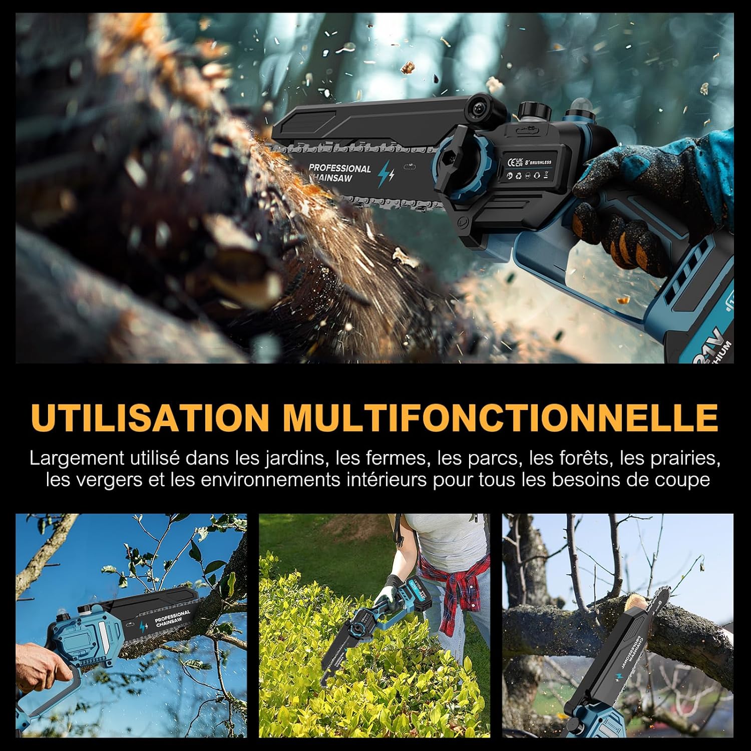 8 Pouces Tronconneuse a Batterie, Mini Tronçonneuse Électrique Sans Fil Brushless à Batterie 8000mAh, avec Injecteur de Lubrifiant de la Chaîne pour la Coupe du bois, l'élagage le Jardin(1200W)
