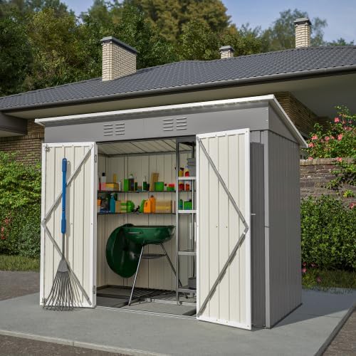 Abri de jardin en métal - 2,4 x 1,2 m - Gris - Résistant aux intempéries - Verrouillable avec base en métal - Pour outils de jardin et terrasse extérieure