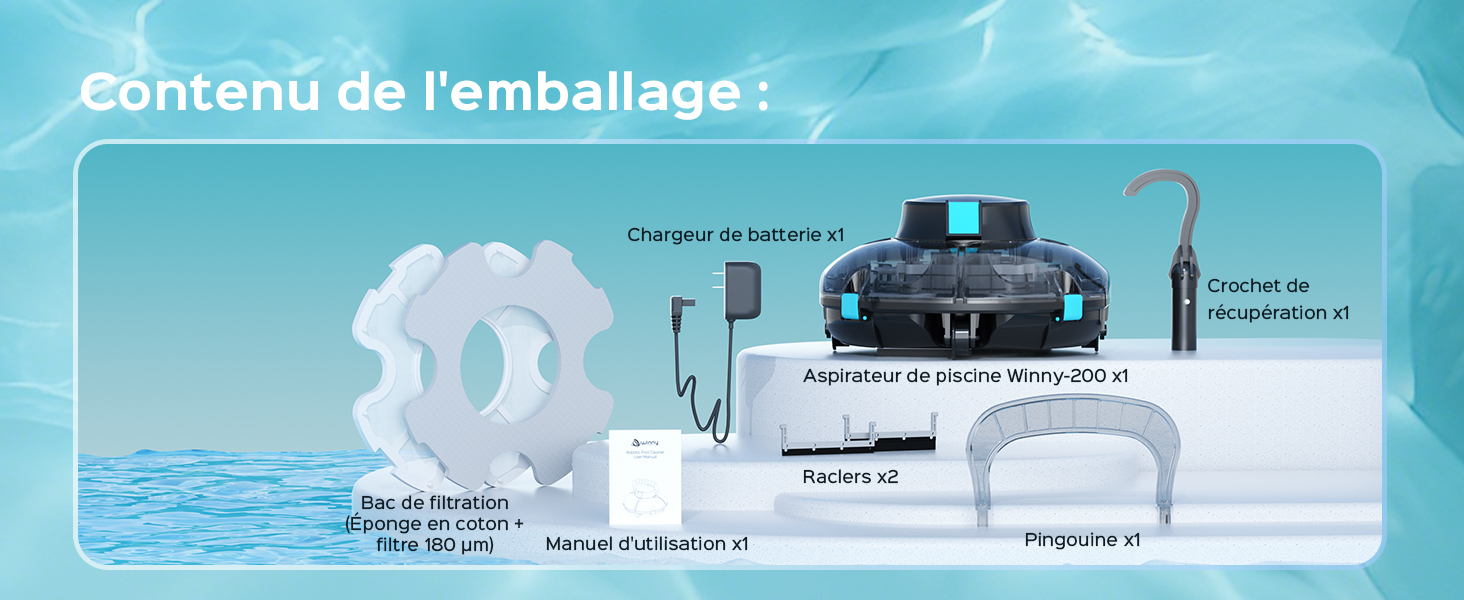 Le texte se lit comme suit : « Contenu de l'emballage : ». L'image montre un fond bleu avec un motif d'eau affichant les éléments inclus : dispositif de pulvérisation avec accessoires, composant diffuseur, adaptateur secteur et matériel d'instructions pour le système de désodorisant.