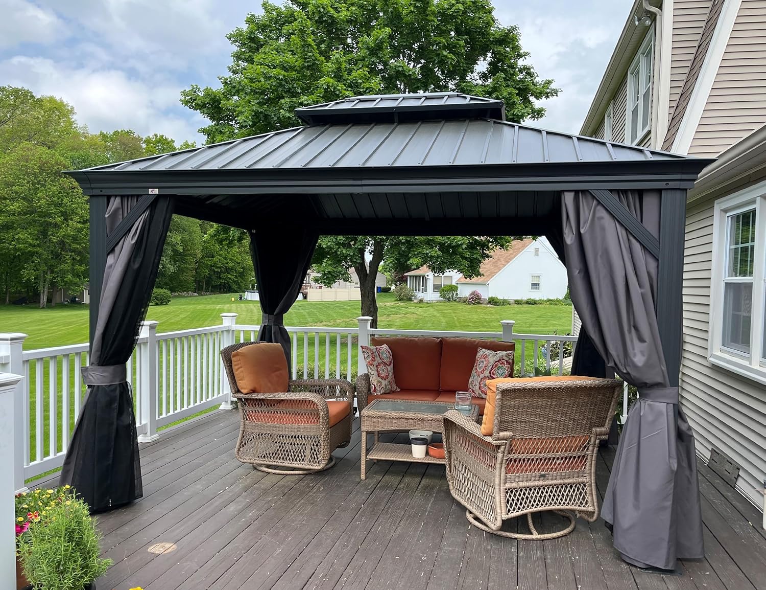 karaca-alisveris - pergola double toit acier 4x3m, moustiquaire, rideaux