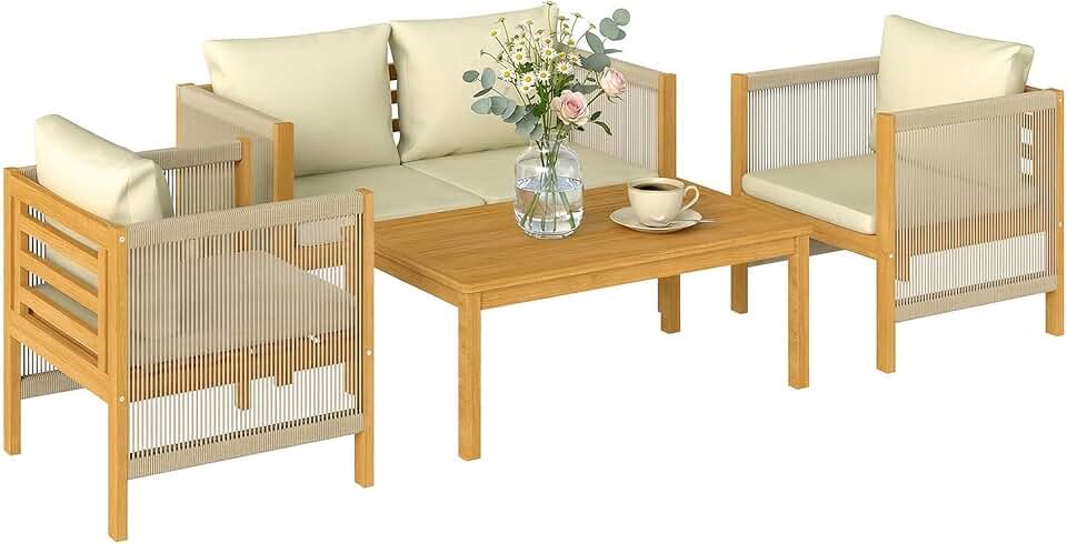 karaca-alisveris - Salon de Jardin en Bois d'Acacia 4 pièces - Canapé, fauteuils, table - Coussins déhoussables, corde tressée, 