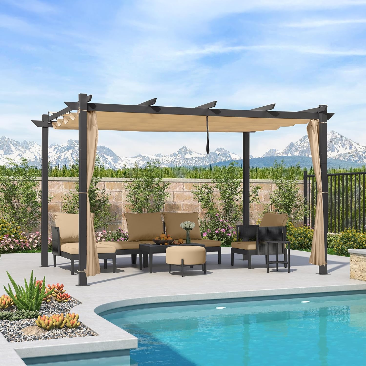 karaca-alisveris - pergola aluminium - 4x3m - rideau, toit rétractable, kaki
