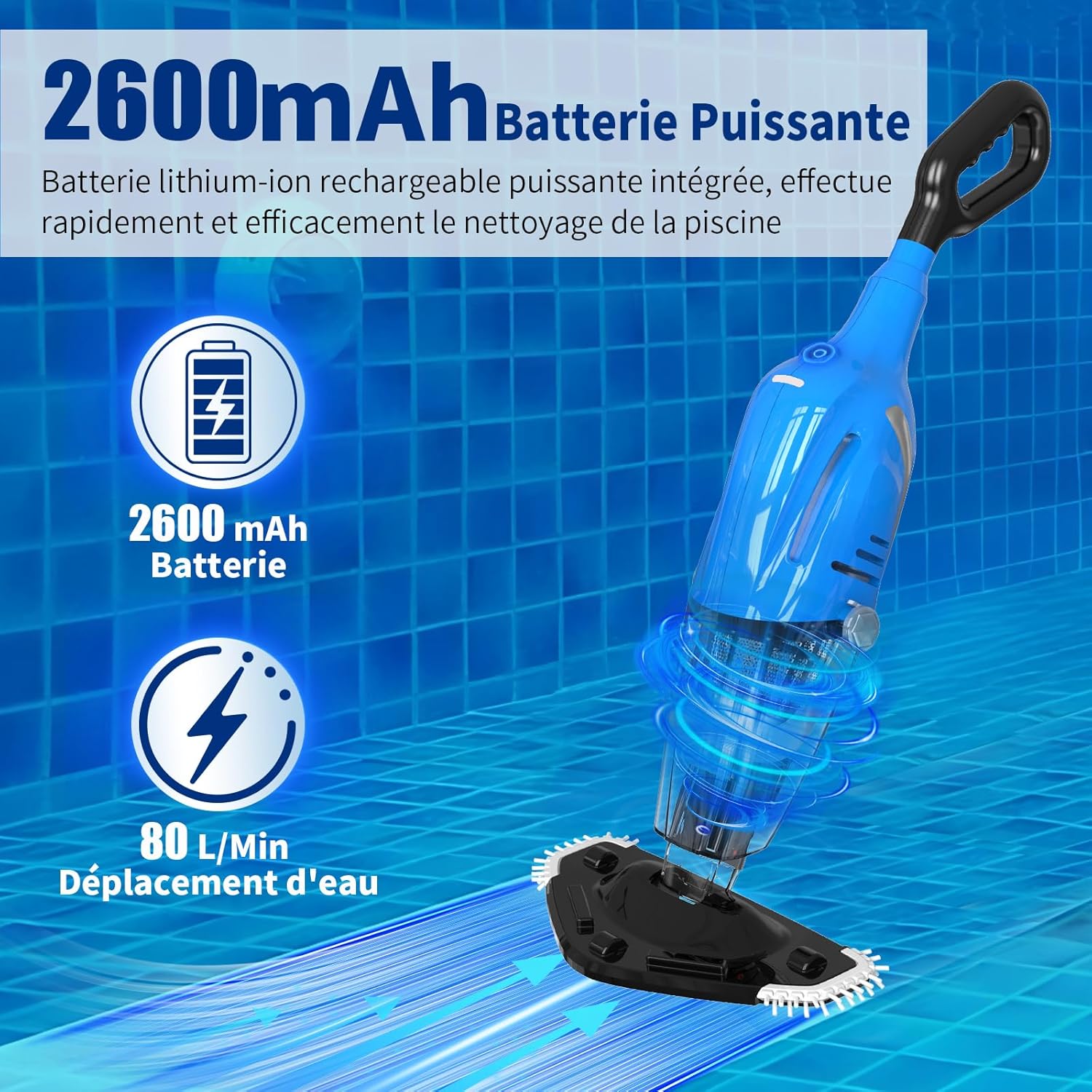2026 Aspirateur de Piscine à Batterie Rechargeable, Aspirateur à Main sans Fil, 60 Minutes d'Autonomie Nettoyeur Électrique pour Piscine, Jacuzzi, Spa, Bleu