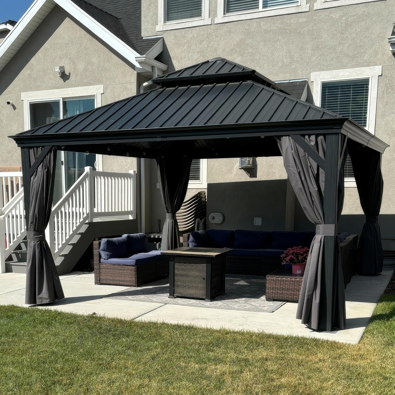 karaca-alisveris - tonnelle double toit acier 4x4m, rideaux, moustiquaire