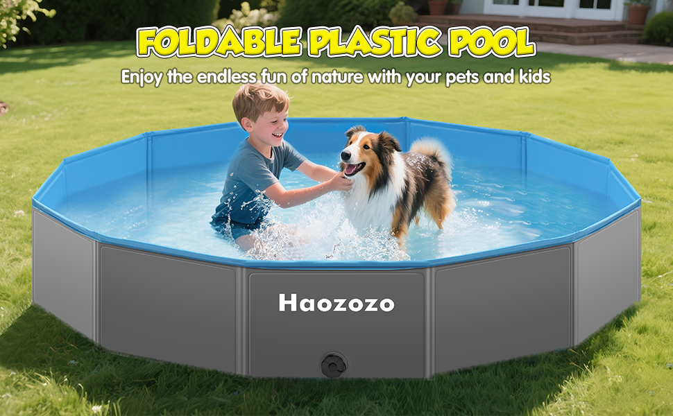 Grande « piscine en plastique pliable » octogonale de karaca-alisveris. Piscine bleue remplie d'eau sur l'herbe, avec un enfant qui éclabousse avec un chien. Texte : « Profitez des joies infinies de la nature avec vos animaux de compagnie et vos enfants